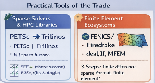 Practical tools of the trade: sparse solvers and HPC libraries (PETSc, Trilinos) and finite element ecosystems (FEniCS, Firedrake, deal.II, MFEM).